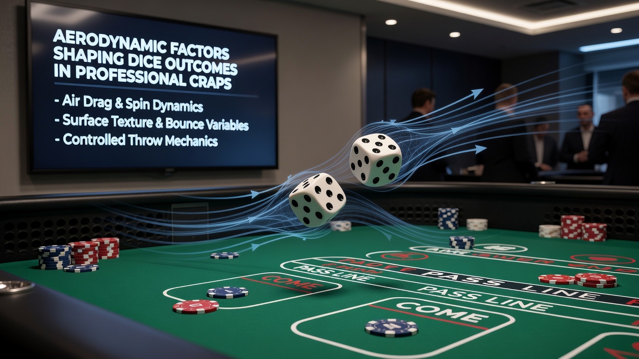 Close-up view of dice settling on craps layout with visible air turbulence indicators