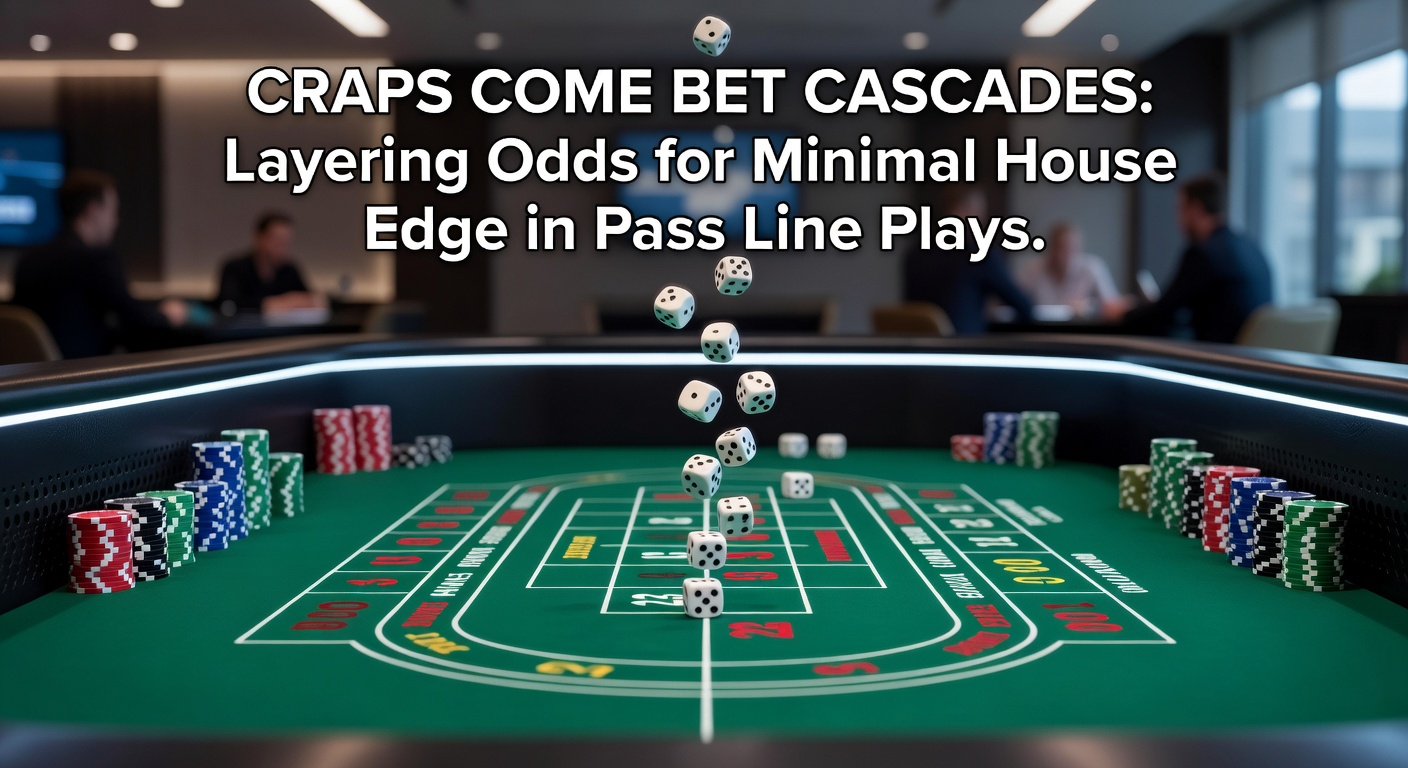 Craps table with multiple come bets and odds stacked behind the pass line point, illustrating a layered cascade strategy