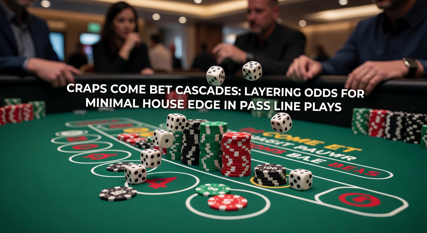 Close-up of a craps layout showing pass line point at 6, two come bets on 5 and 9 with odds stacks, demonstrating a full cascade in mid-roll