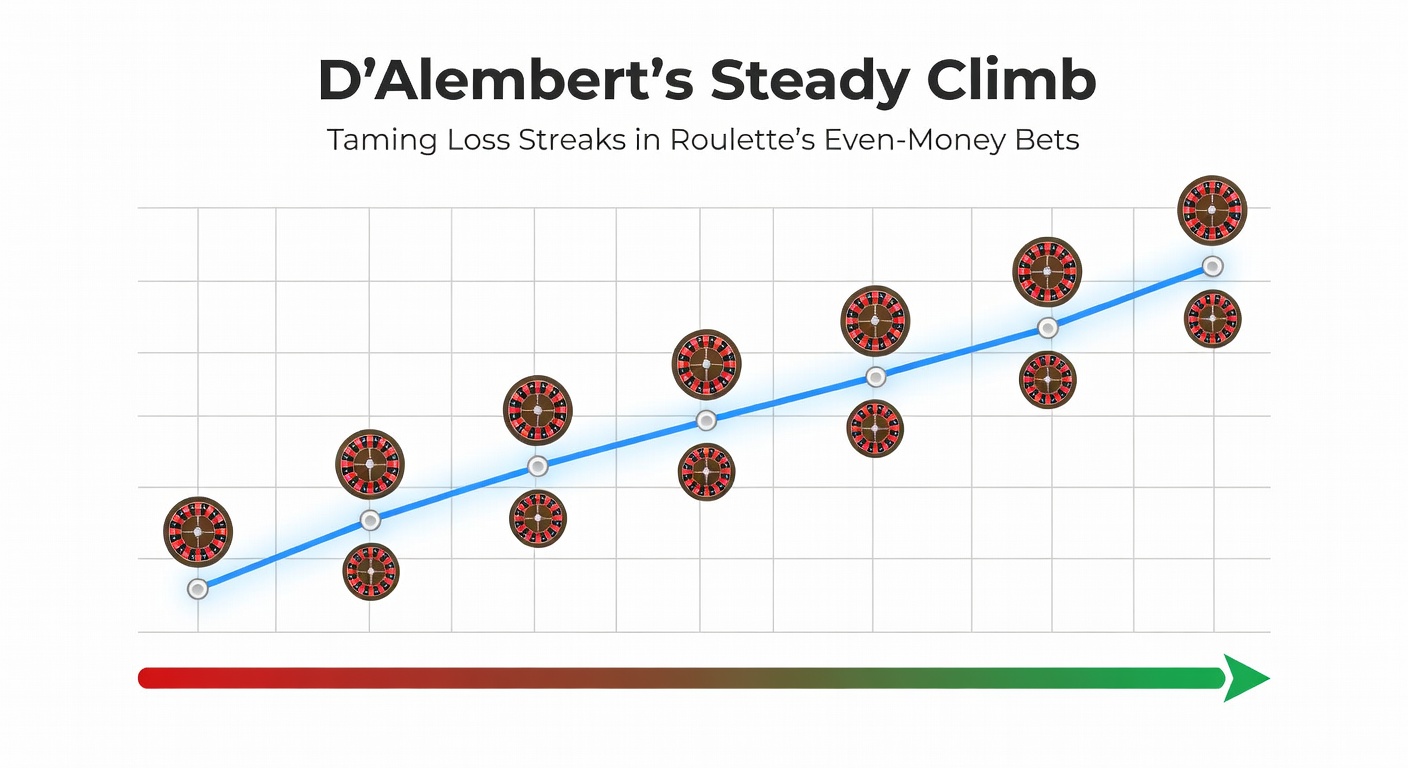 Chart depicting a D'Alembert betting progression over 20 roulette spins, showing bankroll fluctuations with even-money bets on a European wheel