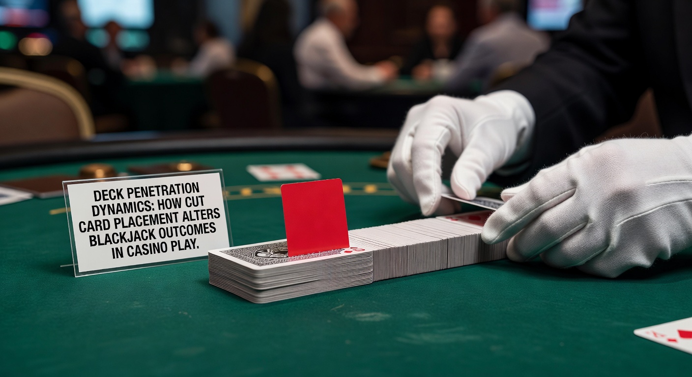 Blackjack table setup showing cut card placement in a multi-deck shoe during casino play
