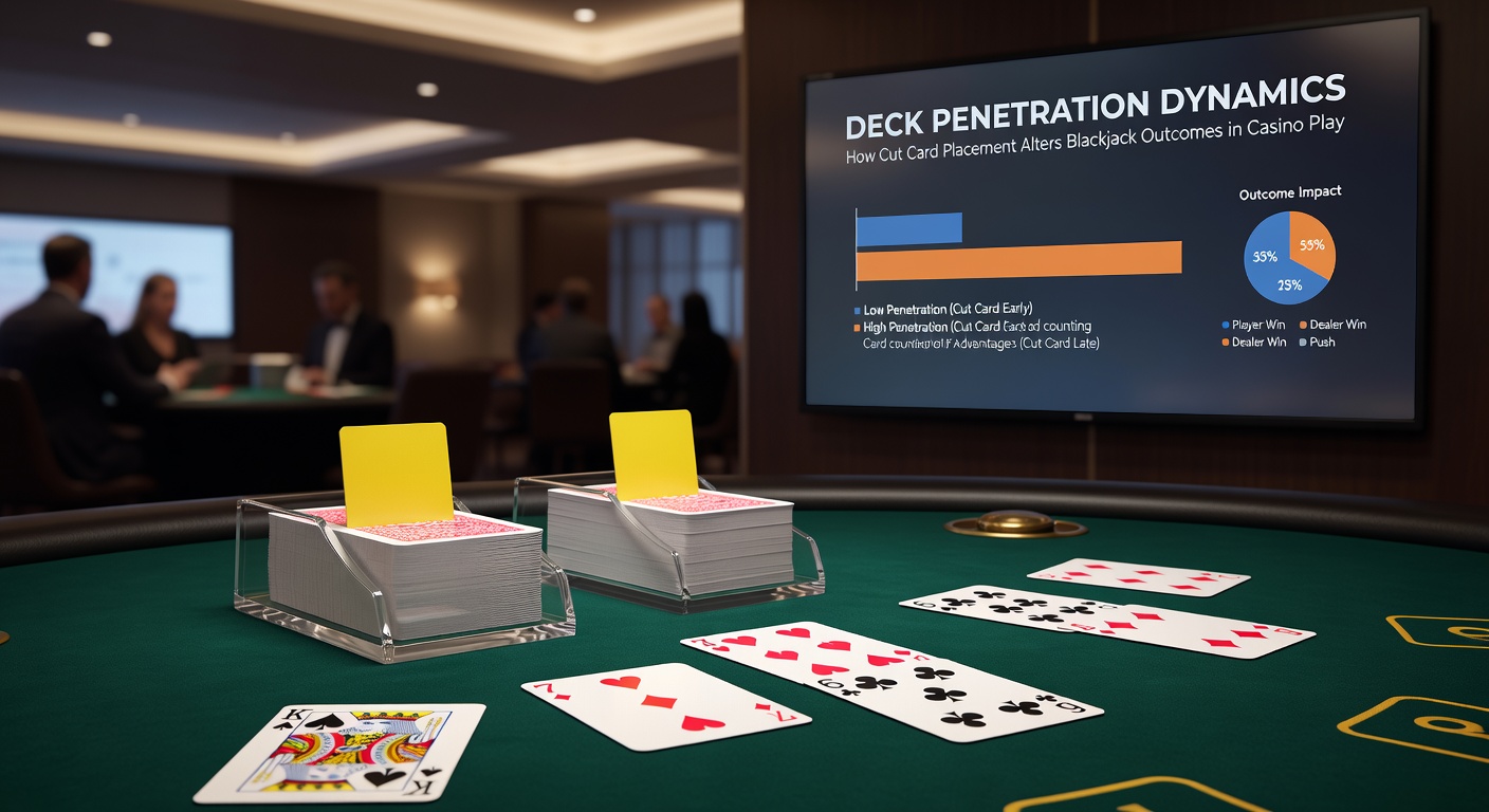 Close-up view of a blackjack shoe with cut card inserted at varying depths illustrating penetration levels