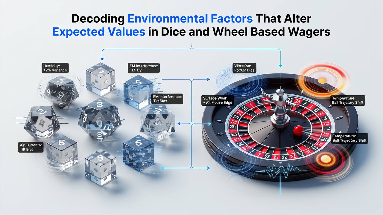 Casino dice and roulette wheel setup showing environmental testing conditions