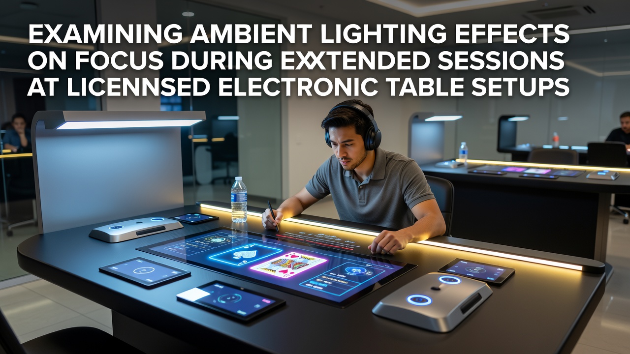 Licensed electronic table setups under varied ambient lighting conditions showing player workstations and overhead fixtures