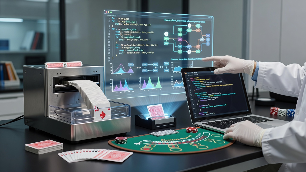 Automated card shuffler operating on a casino blackjack table with multiple decks visible
