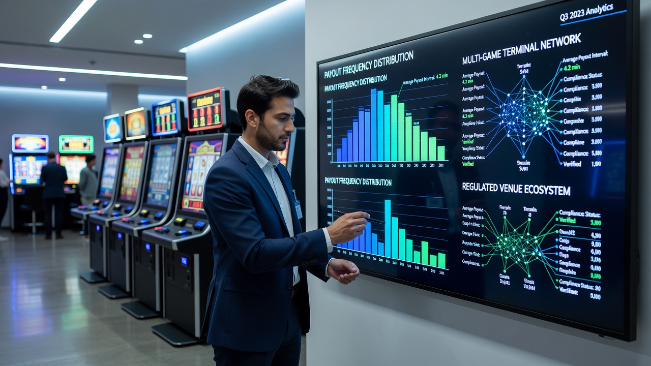 Interconnected multi-game terminals displaying payout statistics in a regulated gaming venue