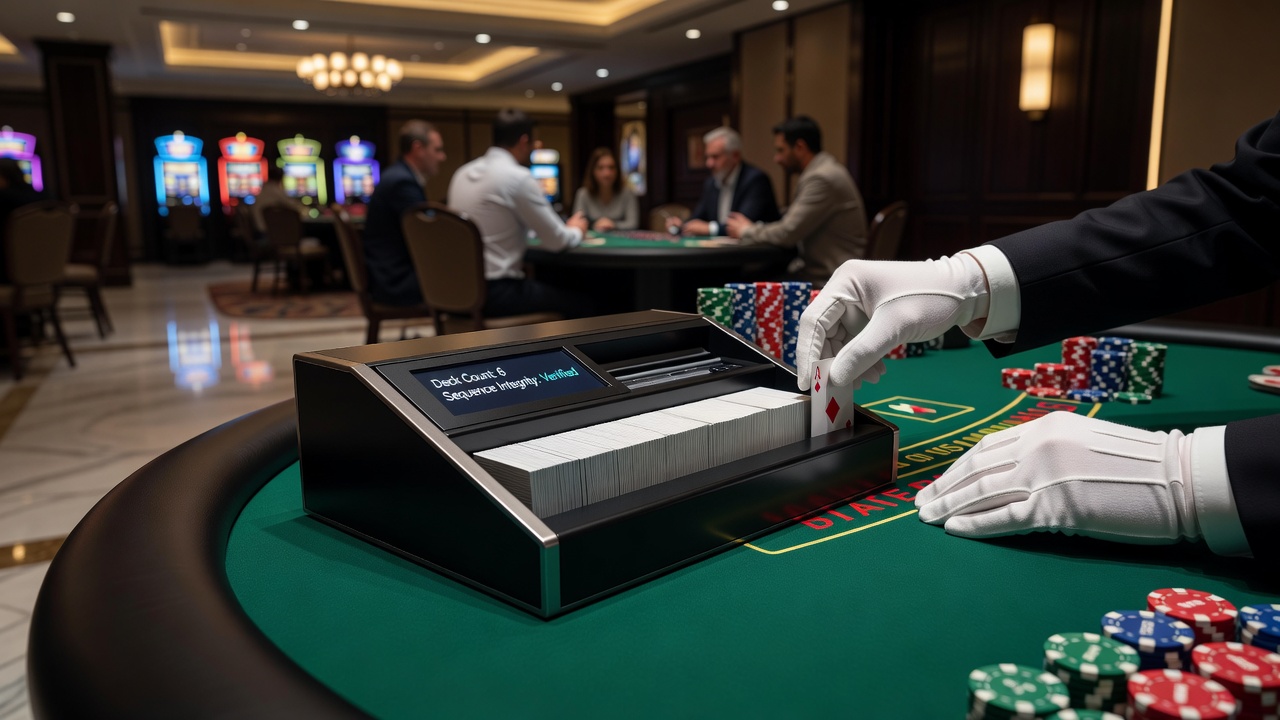 Close-up of automated card shuffler processing multiple decks with sequence tracking display