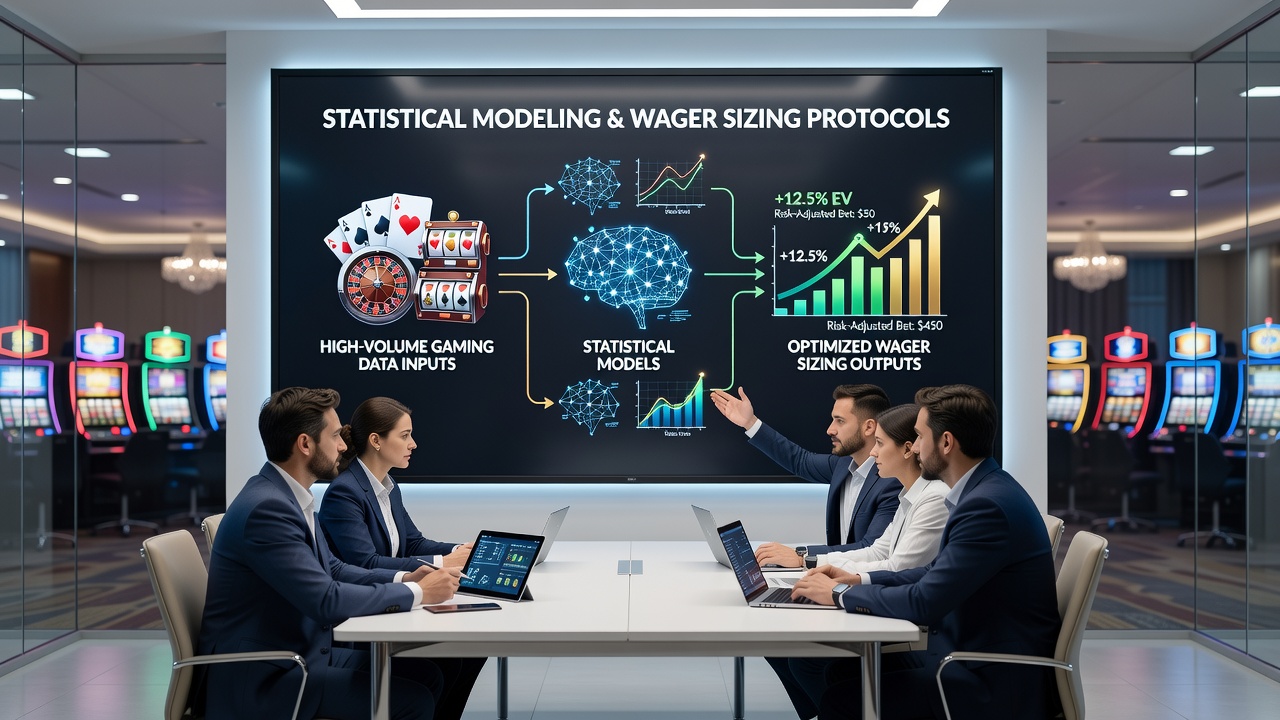 Analytics team reviewing wager sizing outputs from statistical models in a casino control room