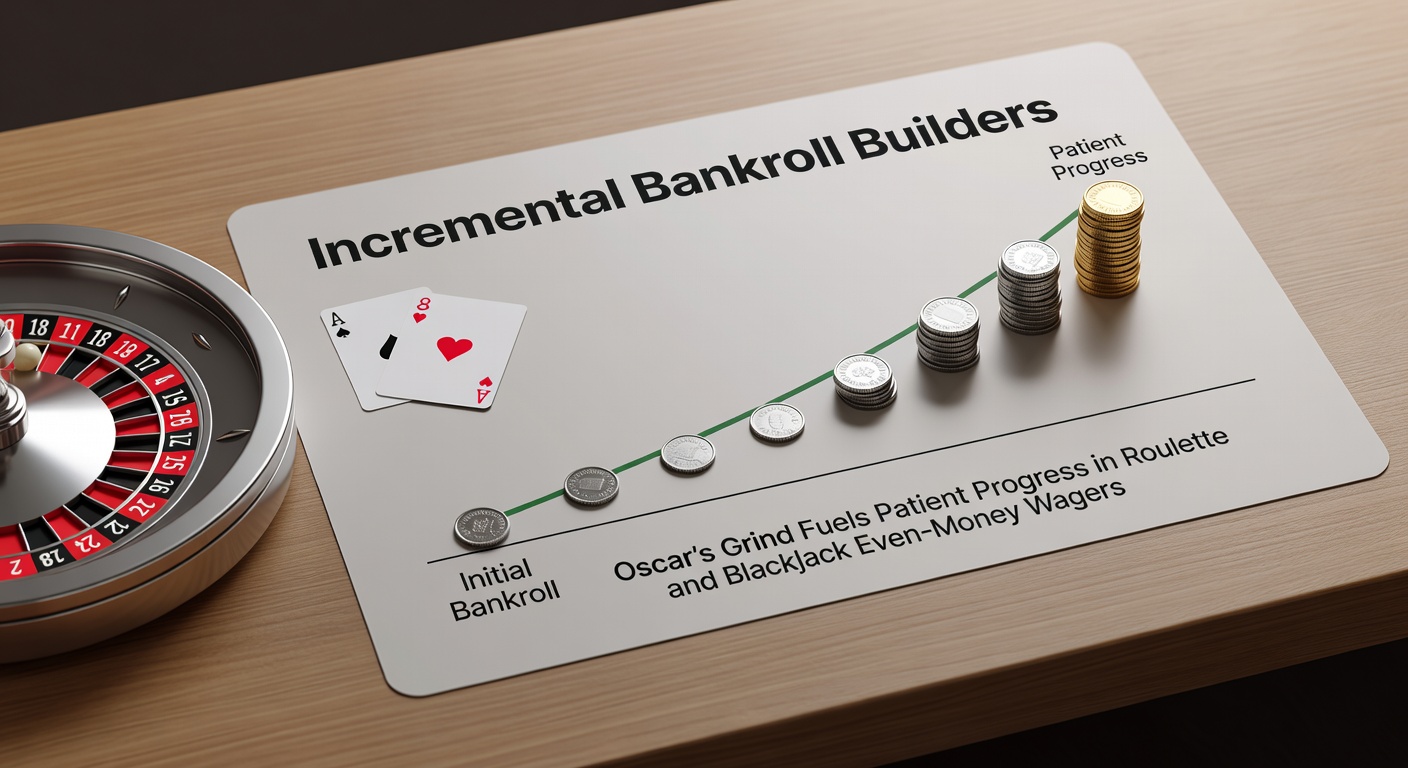 Illustration of a roulette wheel and blackjack table with bankroll growth charts overlayed, highlighting incremental betting progression
