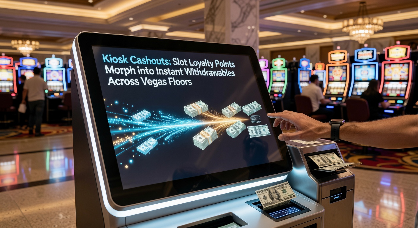 A sleek casino kiosk glowing under neon lights, displaying options for loyalty point redemptions and cash ticket printing amid bustling slot machine rows