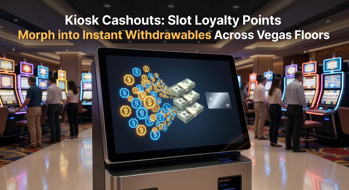 Close-up of a player's hand interacting with a vibrant kiosk screen, showing loyalty point balances converting to cash options surrounded by casino slot lights