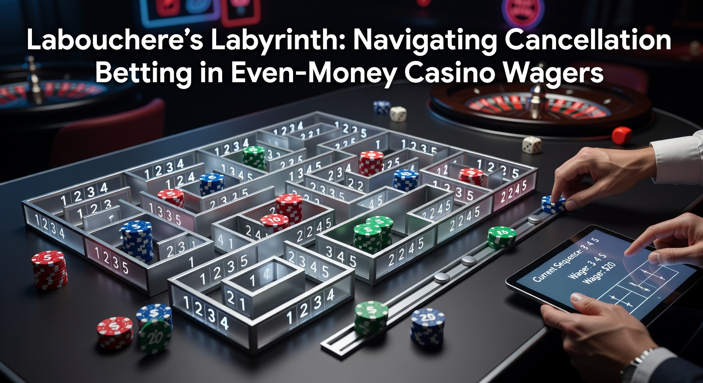 A intricate diagram showing a Labouchere betting sequence with numbers being crossed off after wins and added after losses, illustrating the cancellation system's progression on a roulette table backdrop