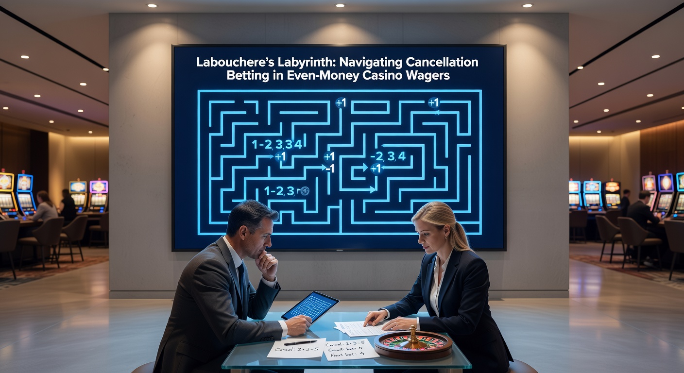 Close-up of a player's notebook with Labouchere sequences marked in pen, next to roulette chips and a spinning wheel, capturing the tension of live cancellation betting