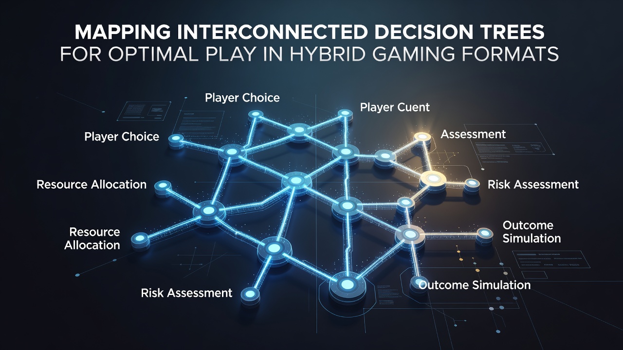 Diagram showing interconnected decision trees applied to hybrid casino game formats with branching strategy paths