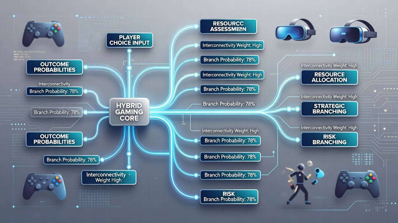 Flowchart illustrating decision tree branches linking blackjack strategy to roulette and video poker selections in a hybrid session