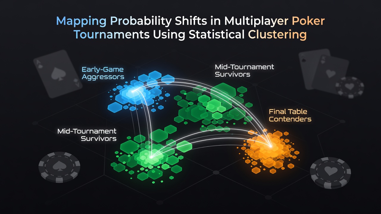 Visual representation of statistical clustering applied to poker tournament data showing player groups and probability distributions