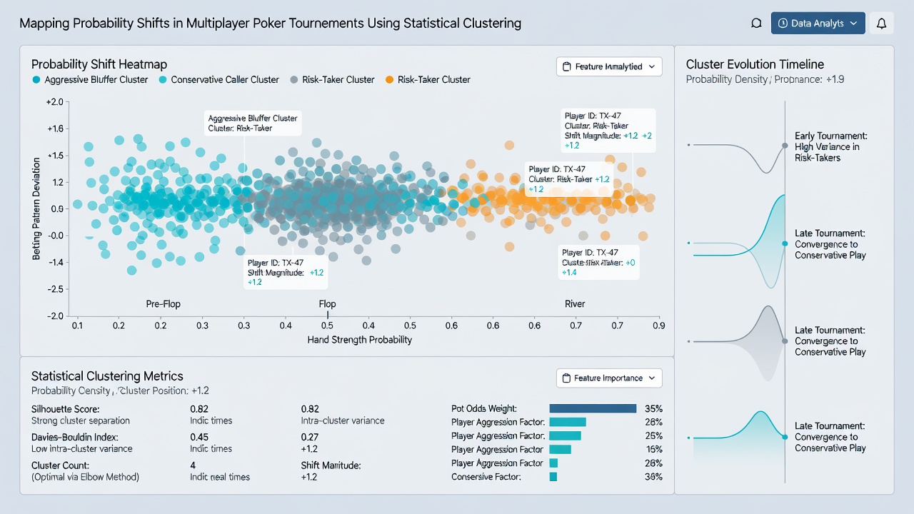 Heatmap illustrating clustered probability shifts across tournament stages and stack depths