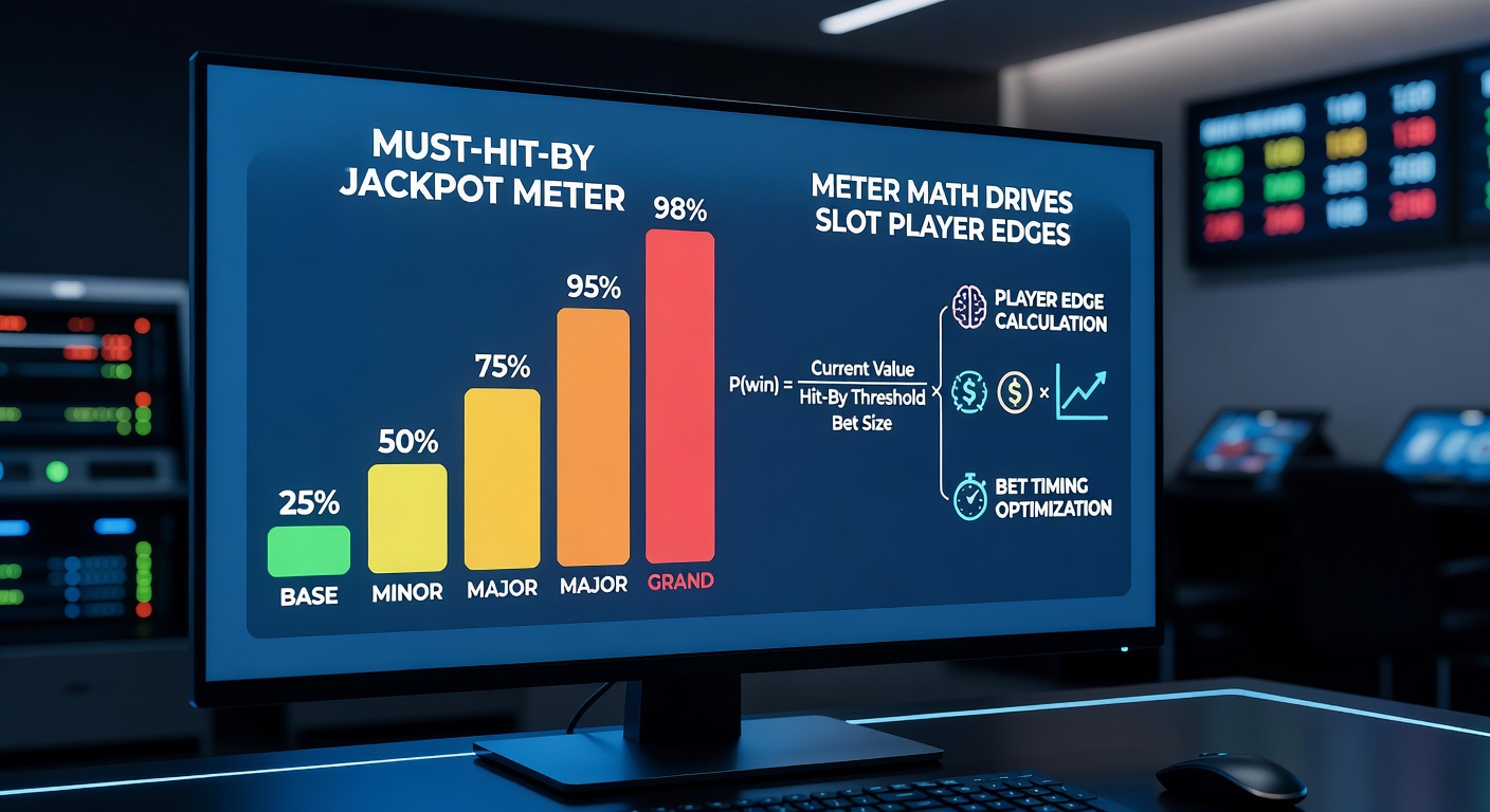 Casino floor scene with multiple must-hit-by slot banks, meters highlighted in yellow and red nearing triggers, players gathered around high-meter machines