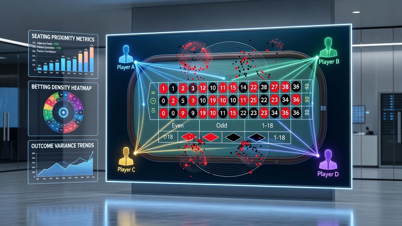 Overhead view of roulette table with players seated in various positions around the layout