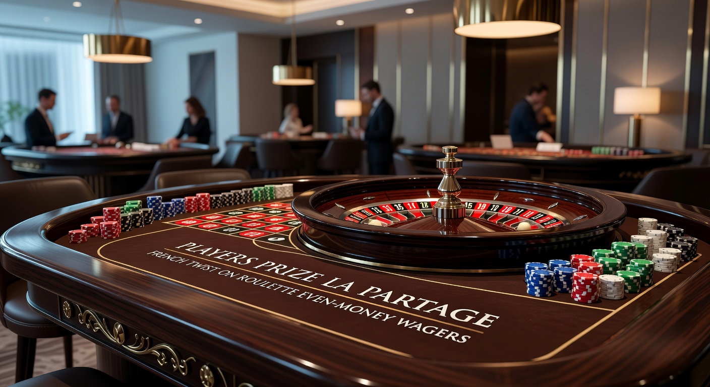 Classic French roulette wheel with single zero and La Partage marker on the layout, highlighting even-money betting areas