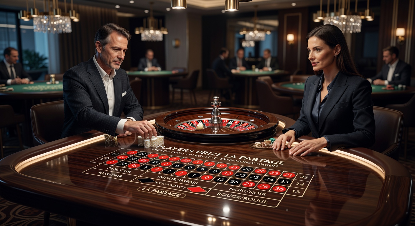 Close-up of roulette betting layout showing even-money sections with La Partage payout example during a zero outcome