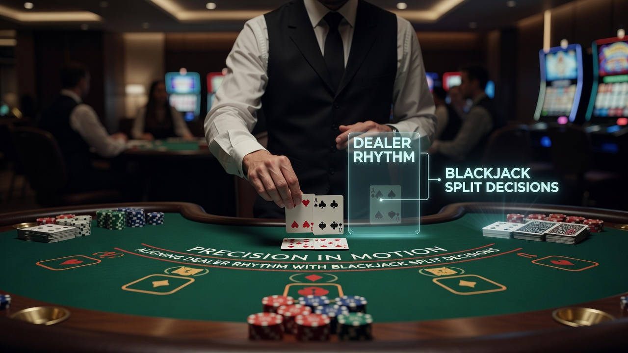 Blackjack dealer handling cards at a casino table with precise rhythm and timing