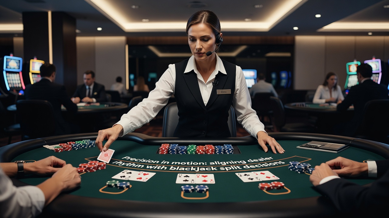 Close-up of blackjack table showing split hands and dealer card motion during active play