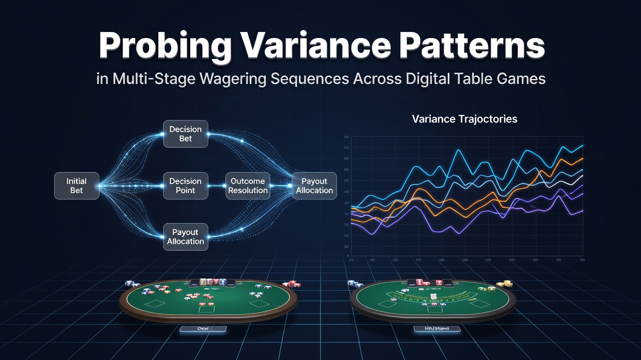 Digital table game interface displaying multi-stage wagering sequences with variance indicators overlaid on blackjack and roulette screens
