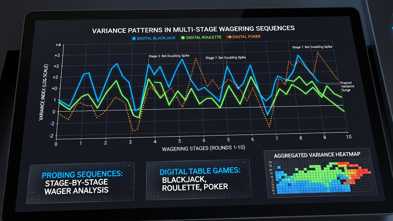Analytical dashboard tracking variance metrics across multiple digital table game sessions with highlighted stage transitions