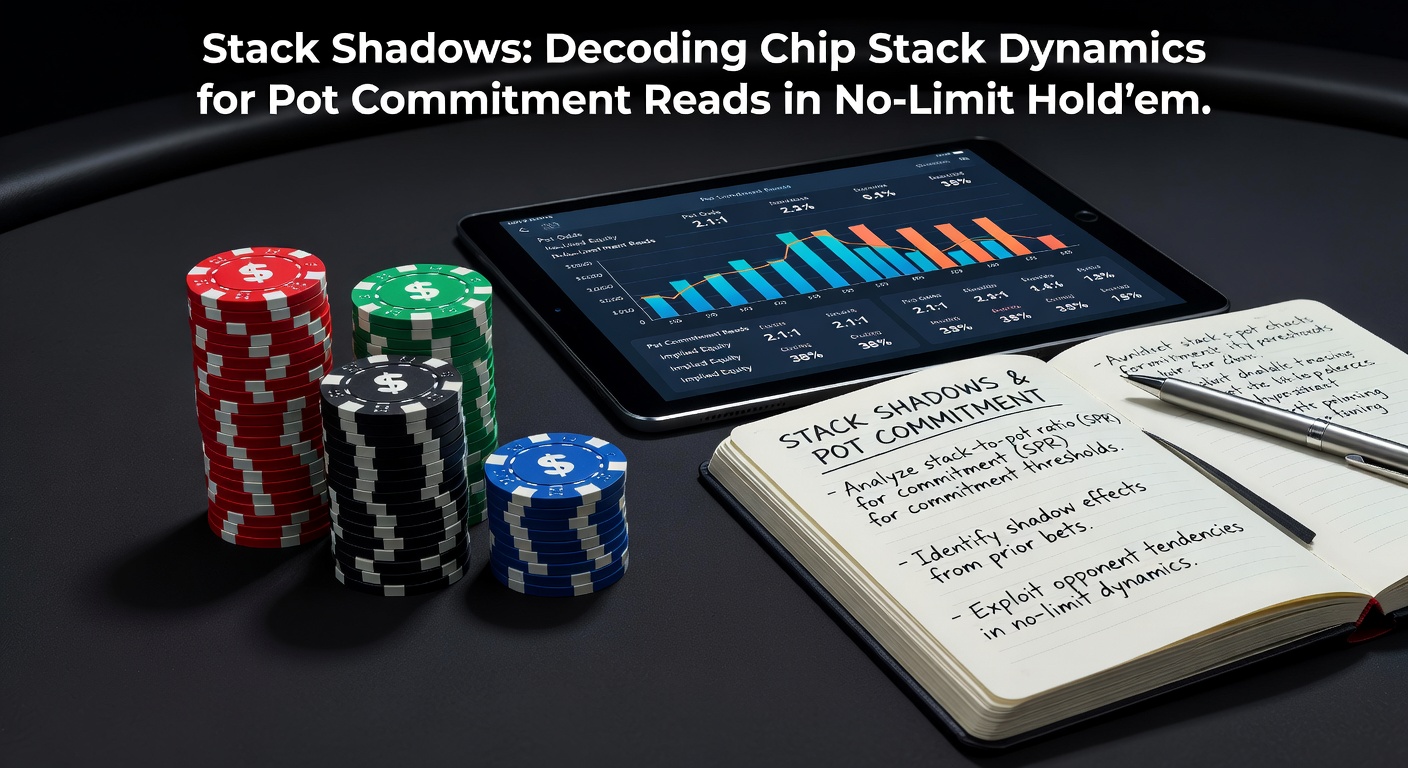 Poker players intently eyeing opponents' towering chip stacks during a tense No-Limit Hold'em hand, shadows highlighting stack depths under casino lights