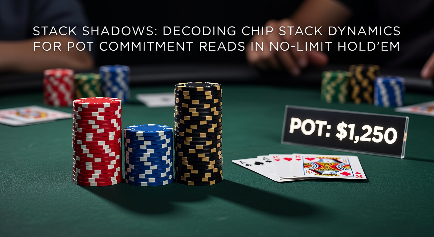 Dynamic close-up of a player's hand adjusting a precarious short chip stack, casting elongated shadows that hint at pot commitment pressure in a No-Limit Hold'em showdown