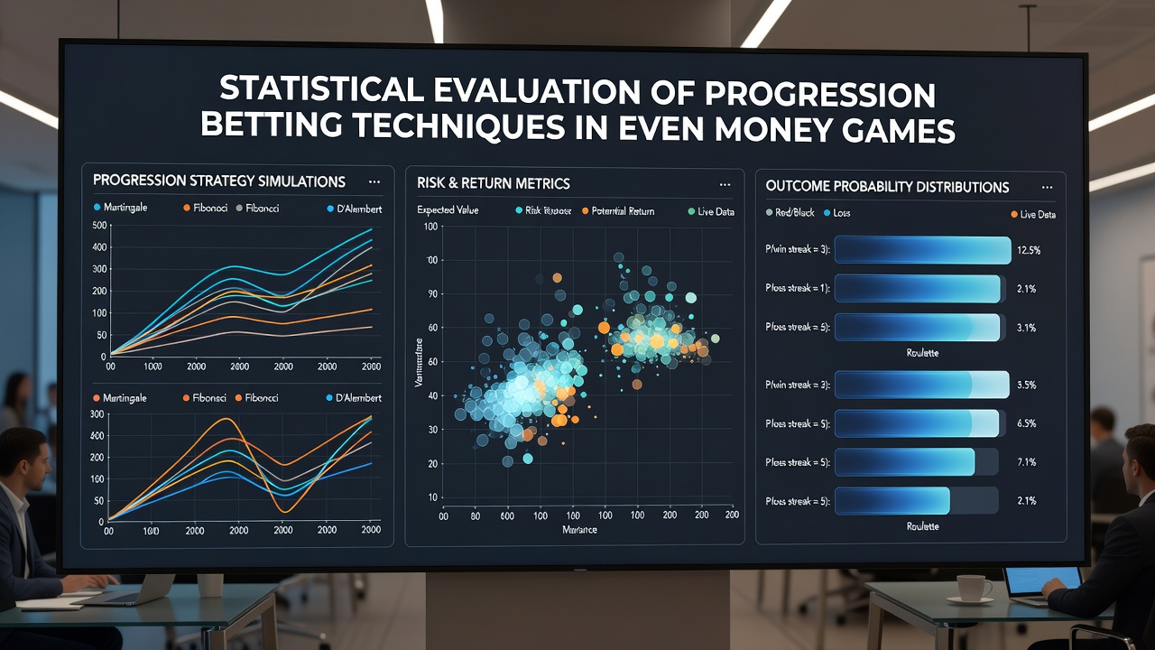 Simulation output graphs comparing win rate distributions across multiple progression betting strategies in even money games