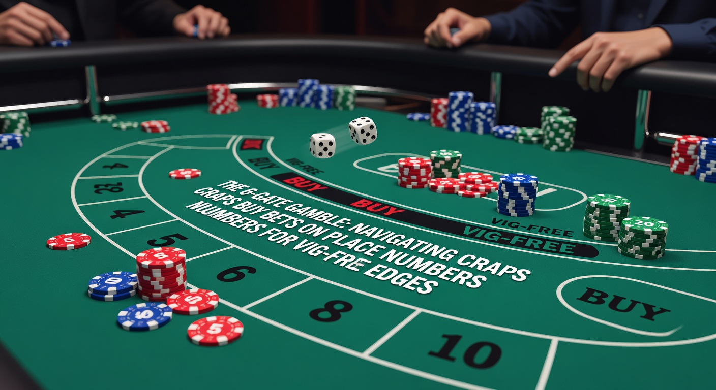 Vibrant craps table layout highlighting place numbers 6 and 8 with buy bet markers, dice mid-roll under casino lights