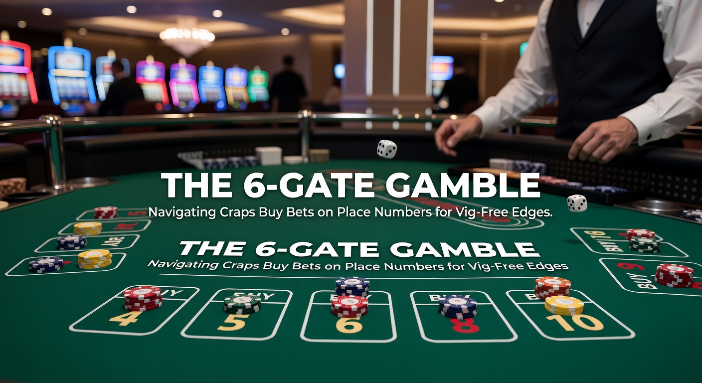 Close-up of player placing buy bet chips on the 6 number amid a lively craps game, stickman calling action