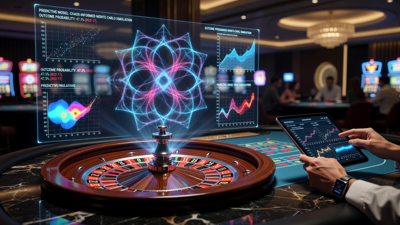 Roulette wheel spinning with overlaid mathematical chaos patterns and trajectory lines