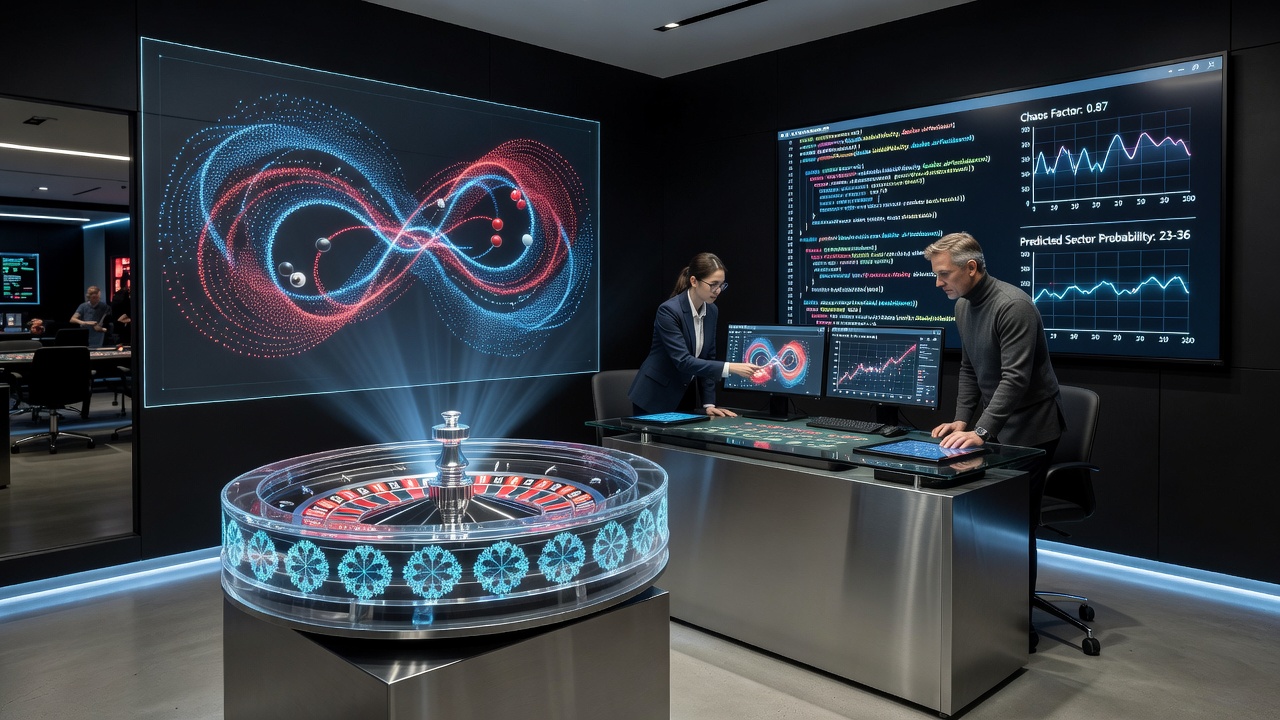 Casino floor with roulette tables and digital analysis overlays showing trajectory predictions