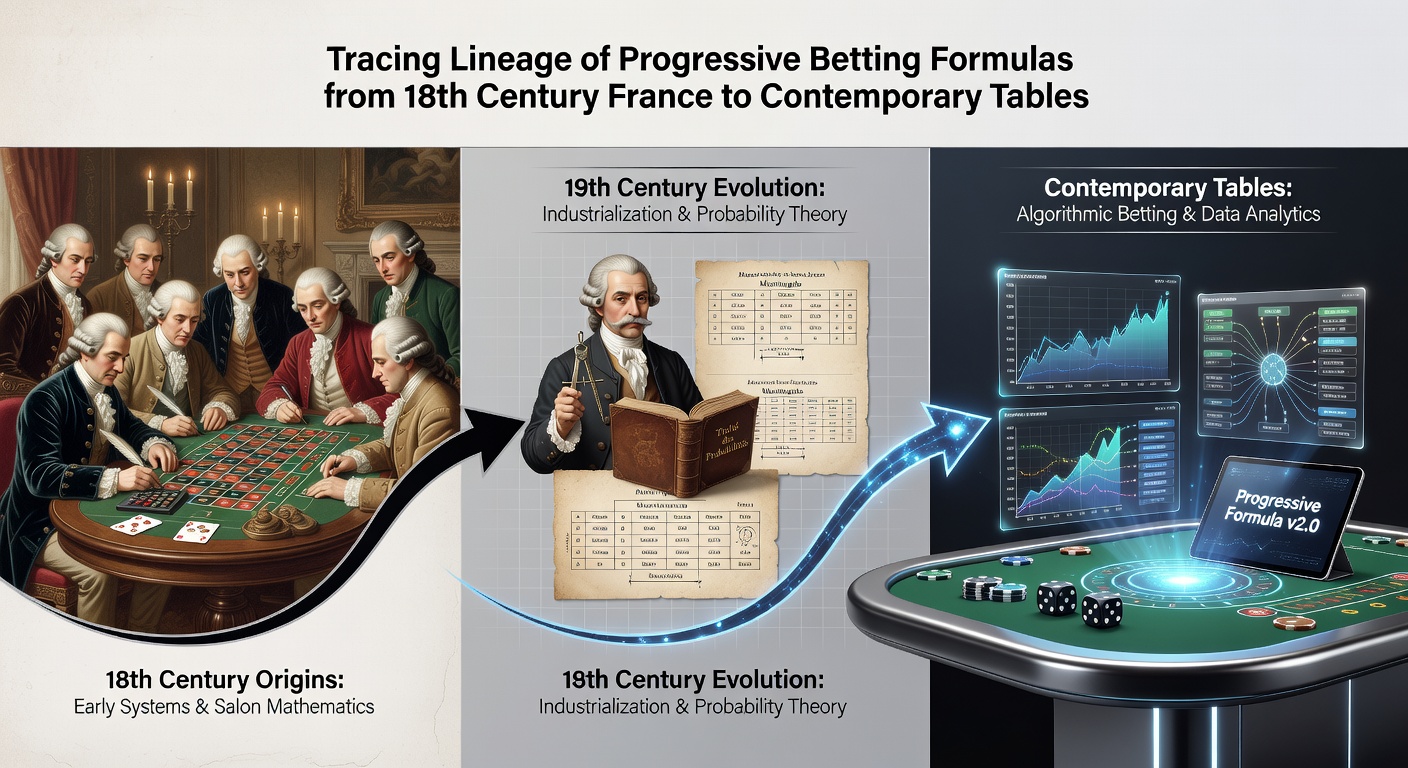 Illustration of 18th century French roulette table with gamblers using early progressive betting strategies