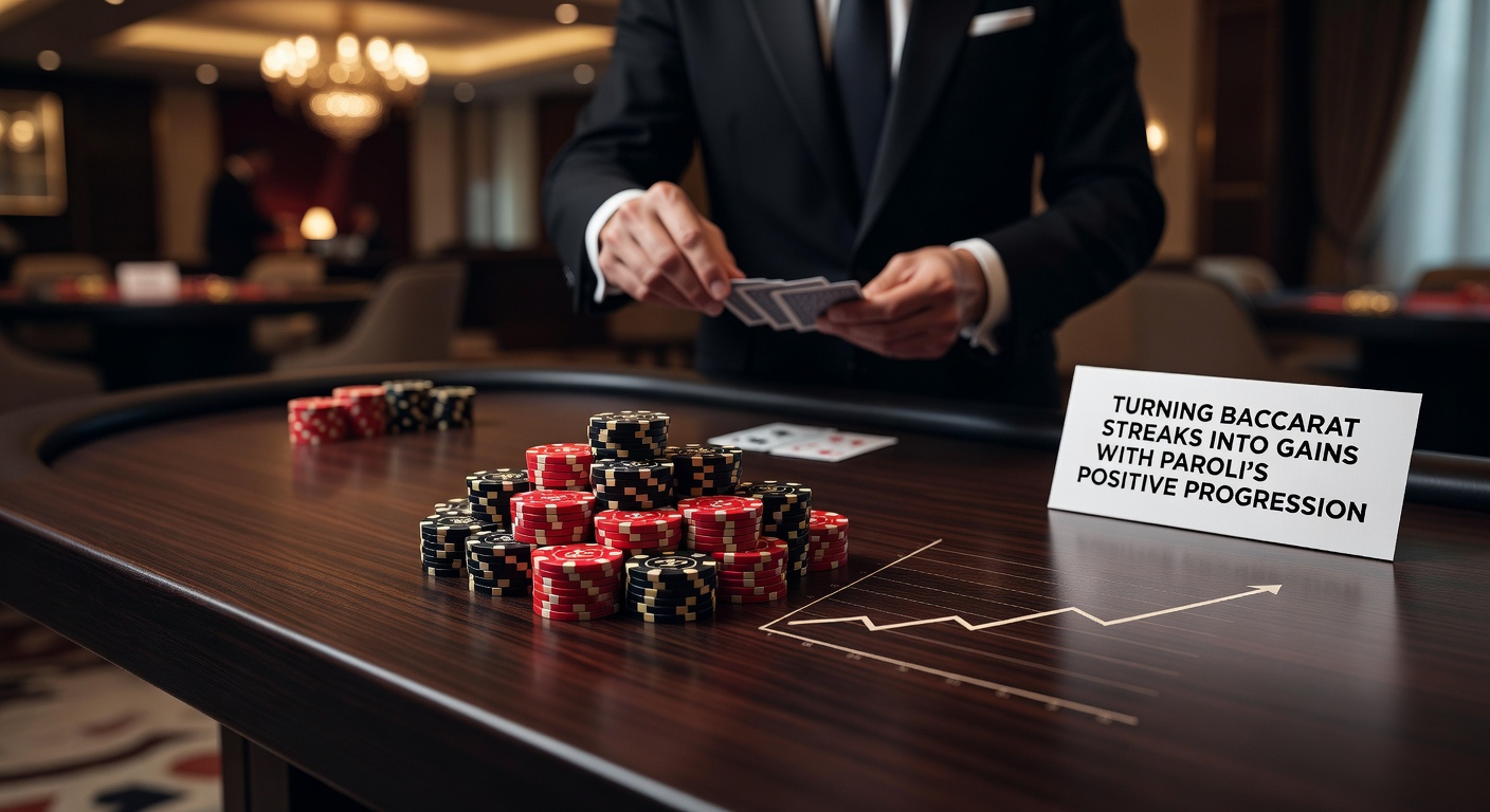 Close-up of baccarat roadmap displaying a long Banker streak, overlaid with Paroli betting sequence and chip progression visuals
