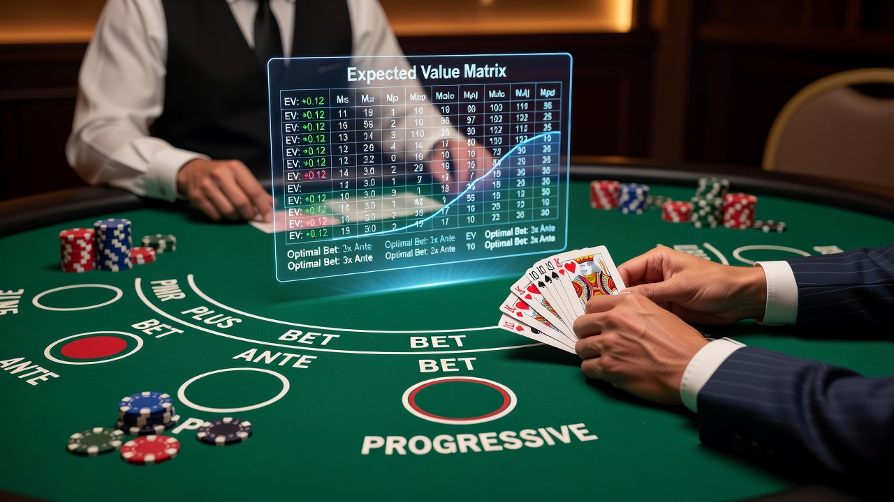 Illustration showing an expected value matrix layout applied to Caribbean Stud Poker wager decisions at a casino table