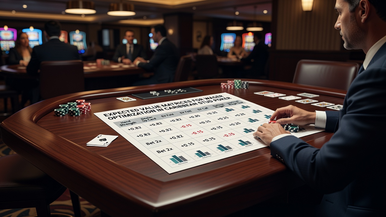Close-up view of a Caribbean Stud Poker table with wager placement areas and dealer layout used for expected value strategy application